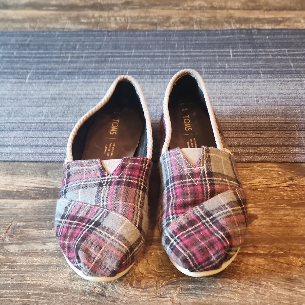 Toms Pink and Gray Slippers with Plaid Design